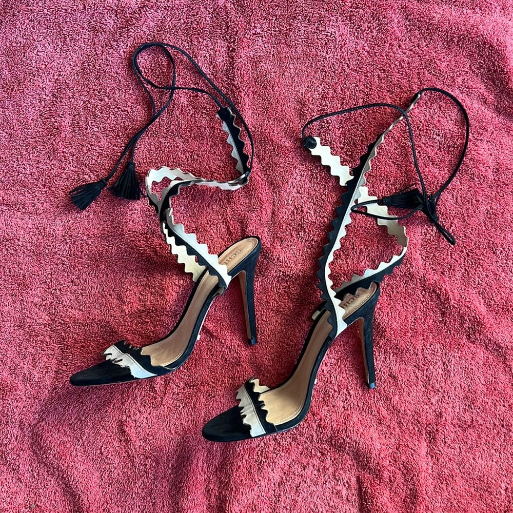 Schutz Black & Tan Ankle Strap Heels, Size 10